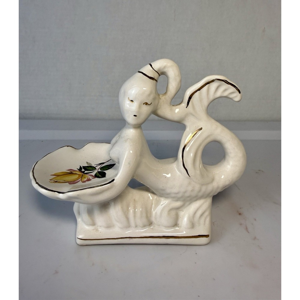 Vtg Mid Century Ceramic MERMAID W/ Shell Soap Trinket Dish Nude Novelty MCM